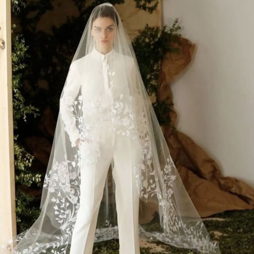 Two Tier, Blusher Floor Length Wedding Veil with Lace Edge Details